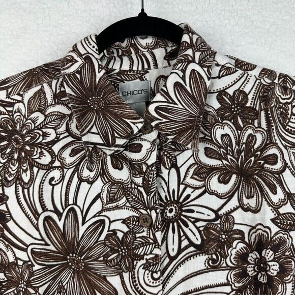 2/$30 Chicos 100% Linen Button Down Shirt Womens Size 1 M Floral Western Neutral - Picture 9 of 10